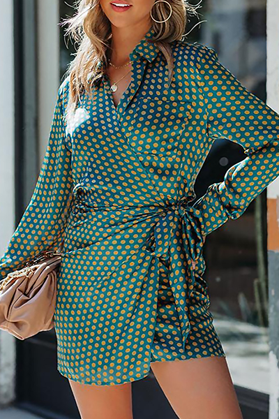 Fashion Elegant Polka Dot Split Joint Strap Design Turndown Collar Dresses