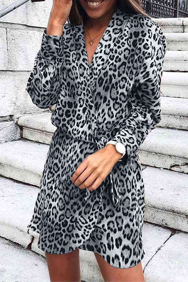 Fashion Elegant Leopard Patchwork Strap Design V Neck A Line Dresses