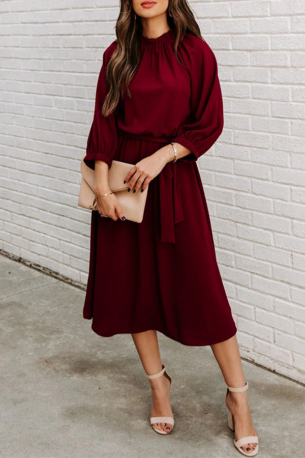 Casual Solid Split Joint With Belt O Neck Waist Skirt Dresses