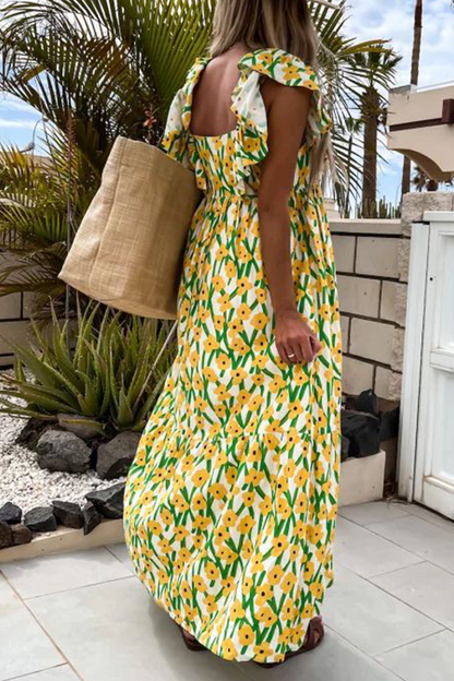 Boho Floral Print Sling Ruffle Square Neck Maxi Dress