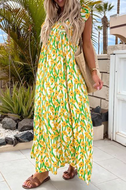 Boho Floral Print Sling Ruffle Square Neck Maxi Dress