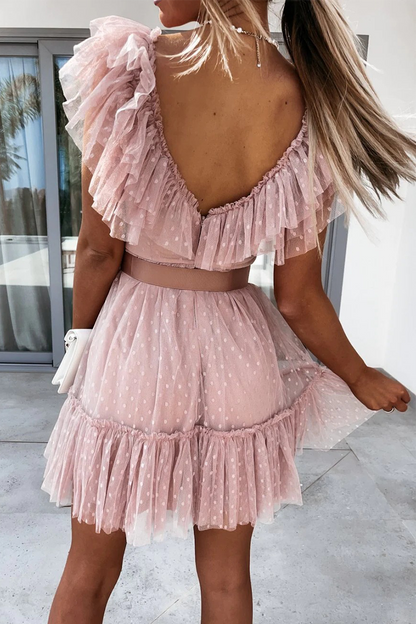 Chic Deep V-Neck Ruffle Sleeveless Lace-Edged Mini Dress