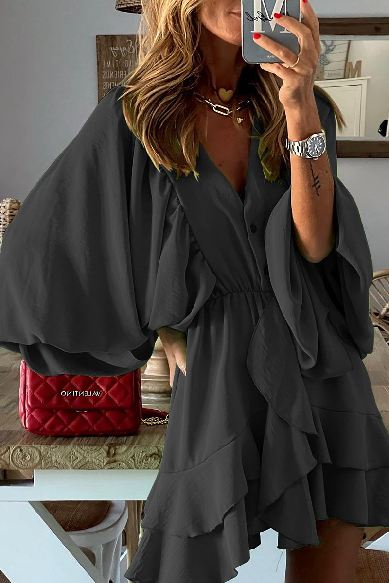 Chic V-neck Sleeve Ruffle Minu Dress