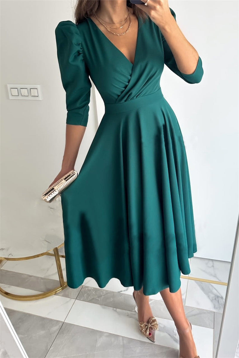 Sweet Elegant Solid Color V Neck A Line Dresses(4 Colors)