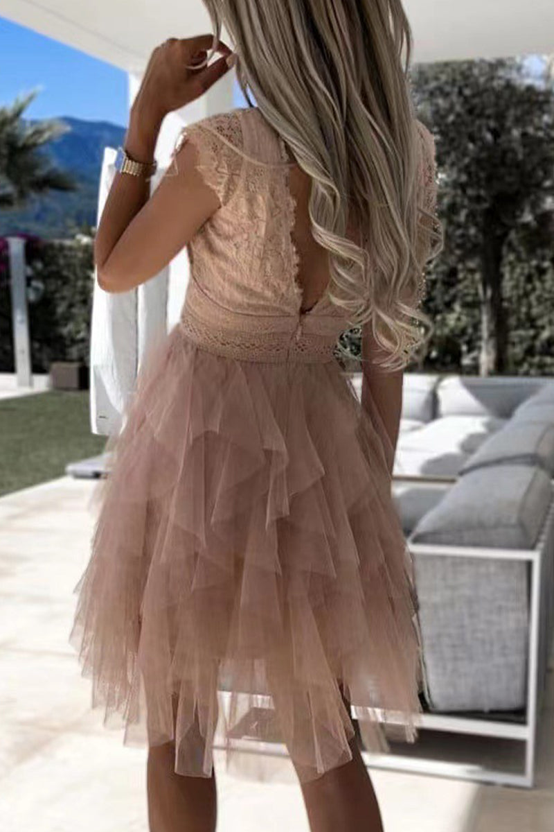 Sweet Elegant Solid Mesh V Neck Irregular Dress Dresses(3 Colors)