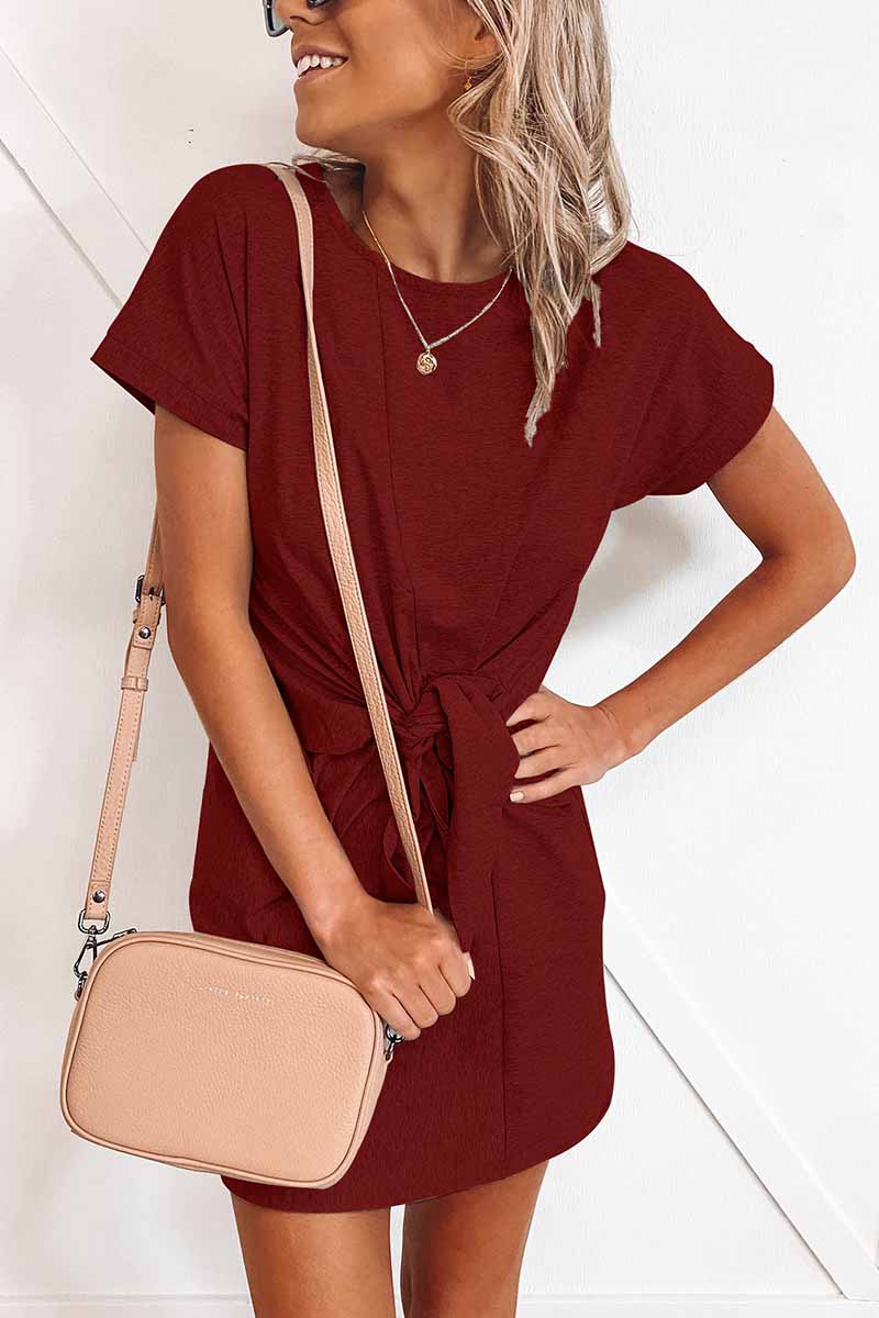 Florcoo Loose Tie Solid Color Short Sleeves Mini Dress(6 colors)