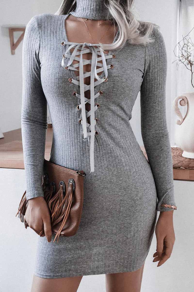 Florcoo Halter Neck Deep V Knitted Bag Hip Mini Dress
