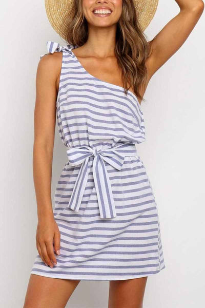 Florcoo Summer Sexy One-Shoulder Lace-Up Stripes Mini Dress