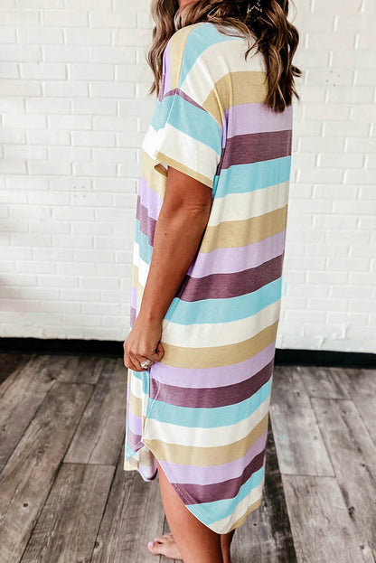 Trendy Stripe Printed V-Neck Short Sleeve Asymmetric Short Dress
