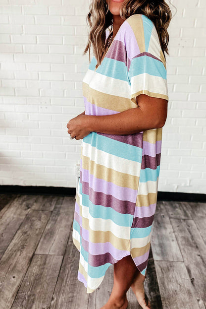 Trendy Stripe Printed V-Neck Short Sleeve Asymmetric Short Dress