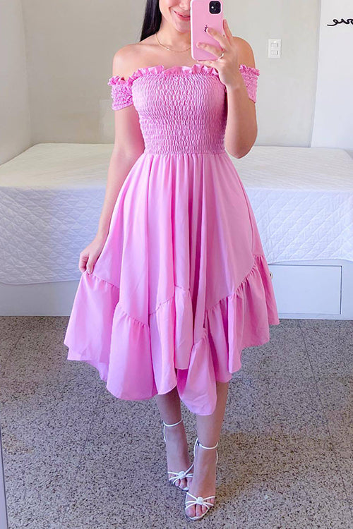 Off Shoulder Asymmetric Ruffled Midi Dress