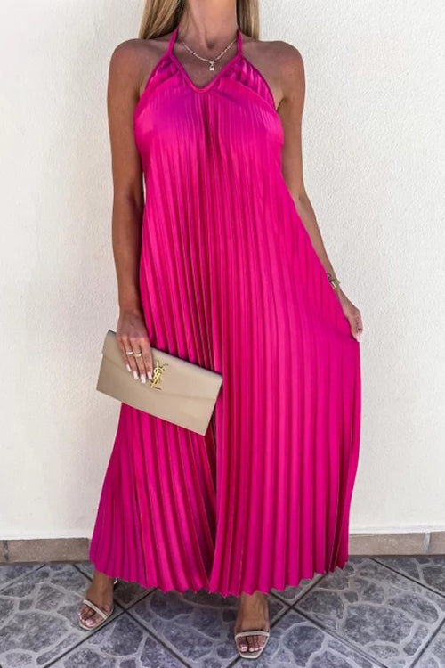 Elegant Pleated Sleeveless Halter Large Hem Maxi Dress