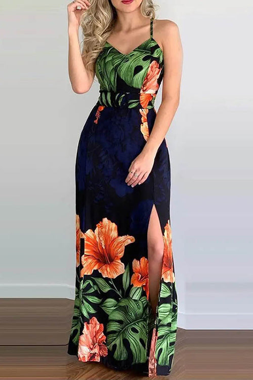 Tropical Print Sleeveless Backless Split Maxi Dress