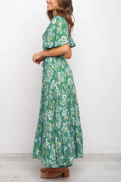 Bohemian Floral V-Neck Folds Ruffles Chiffon Maxi Dress