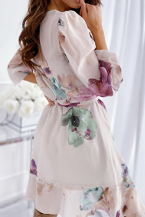 Charming Floral Printed Chiffon Ruffle Mini Dress