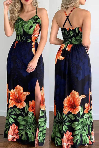 Tropical Print Sleeveless Backless Split Maxi Dress