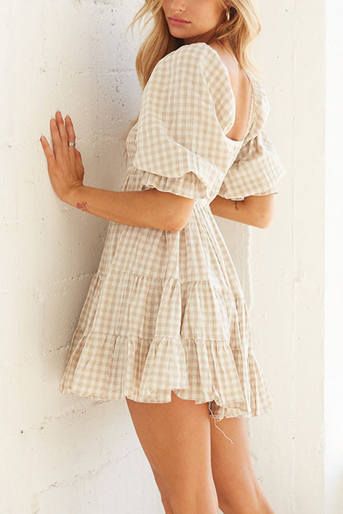 Trendy Plaid A Line Elastic Waist Ruffles Mini Dress