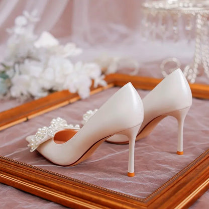 Gominglo - Luxury Pearl Bowknot Wedding Pumps Stiletto Heels with Silk Pointed Toe