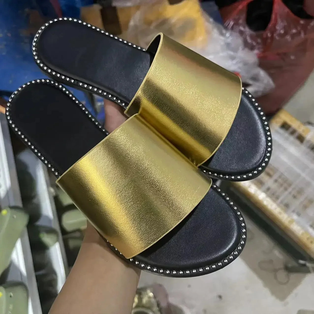 Gominglo- Peep Toe Solid Flat Slides, Comfortable Fashion