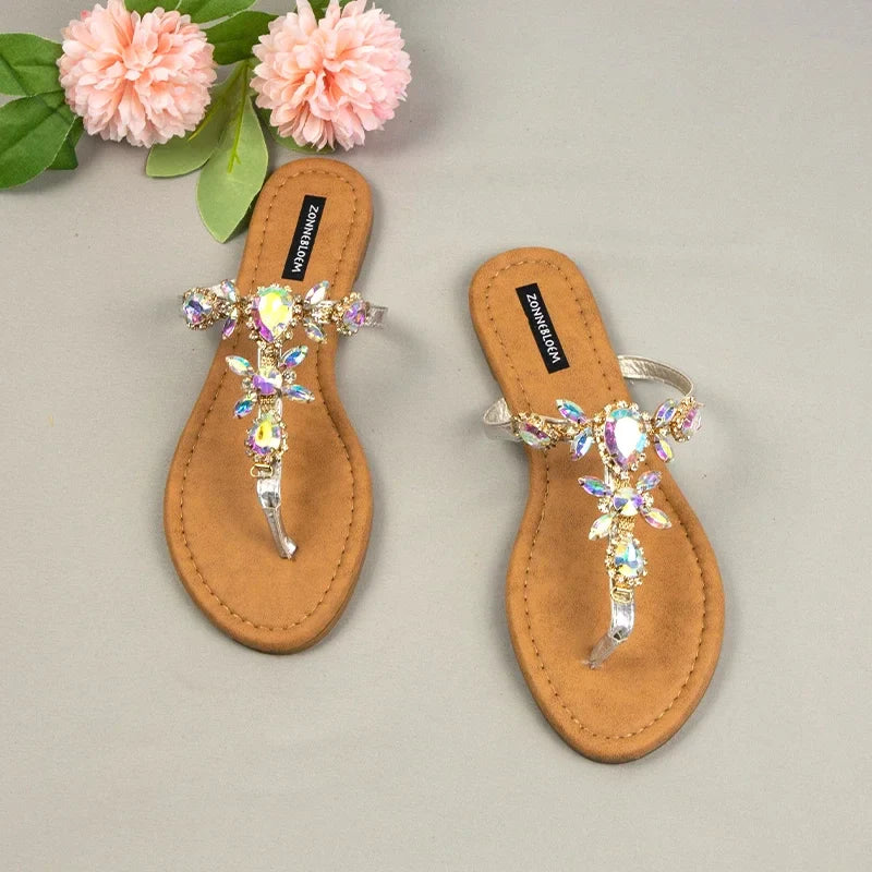 Gominglo- Rhinestone Flower Flip-flops, Perfect for Summer Parties