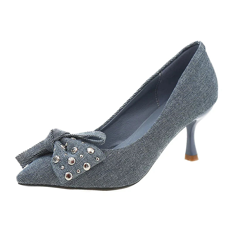 Gominglo - Denim Delight New Pointed Toe Rhinestone Bowknot High Heel Pumps