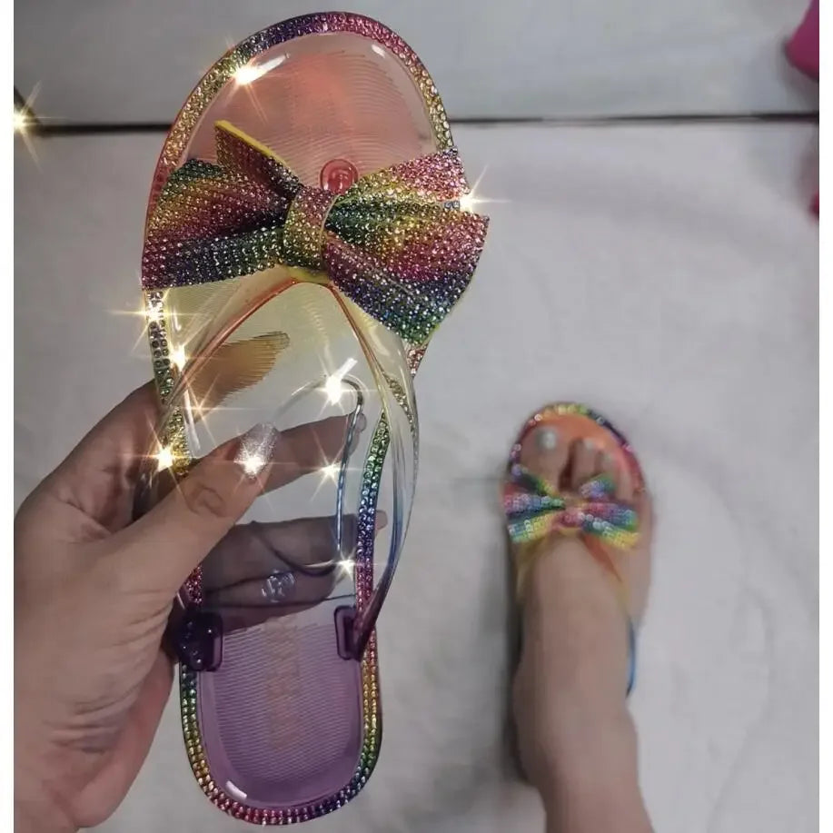 Gominglo - Colorful Diamond Bow Flip Flops Fashionable Summer Slides