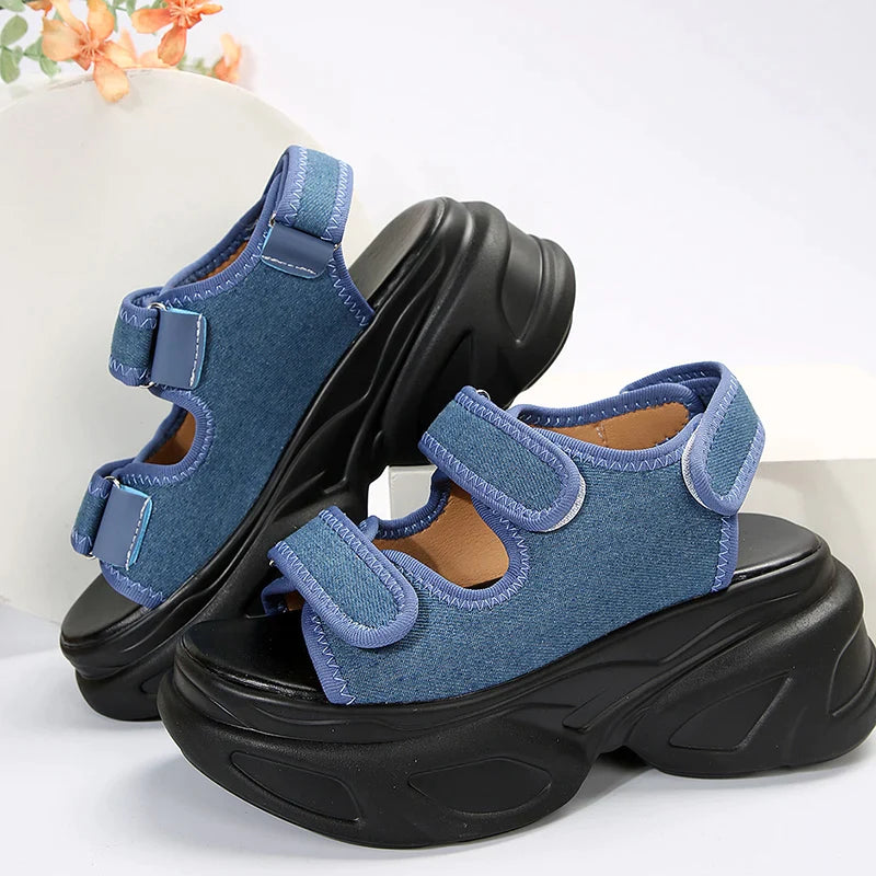 Gominglo - Summer Women's Plus Size Blue Denim Chunky Platform