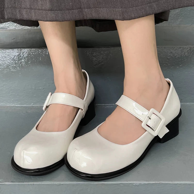 Gominglo - Classic Elegance Women's Round Toe Ankle Strap Square Heels