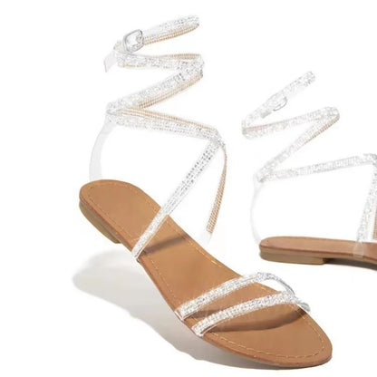 Gominglo - Shiny Rhinestone Gladiator Sandals Flat Heel, Lace Up