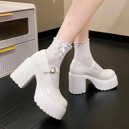 Gominglo - Fashion White Platform Pumps for Women upper High Heels with Buckle Strap