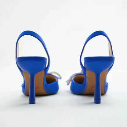 Gominglo - Blue Slingback Pumps for Women High Heels with Crystal Bowknot