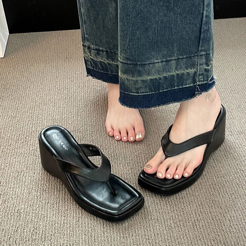 Gominglo - Korean Style White Square Toe Wedge Flip Flops