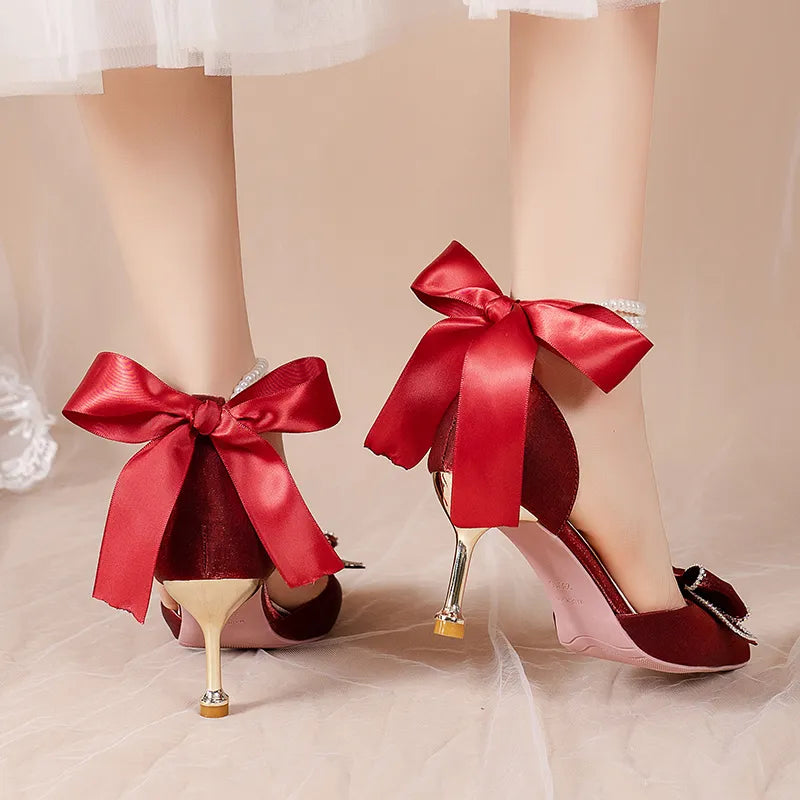 Gominglo - Women's Pearl Ankle Strap Pumps Luxury Bowknot Red Shoes