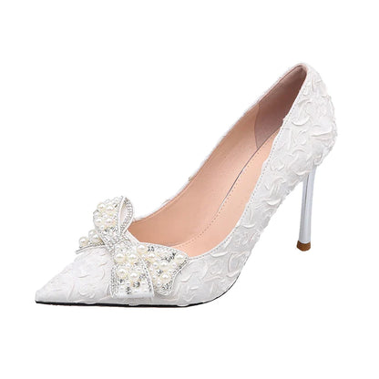 Gominglo - Pearl Elegance Stiletto Heels Wedding Pumps with Designer Luxury Pearl
