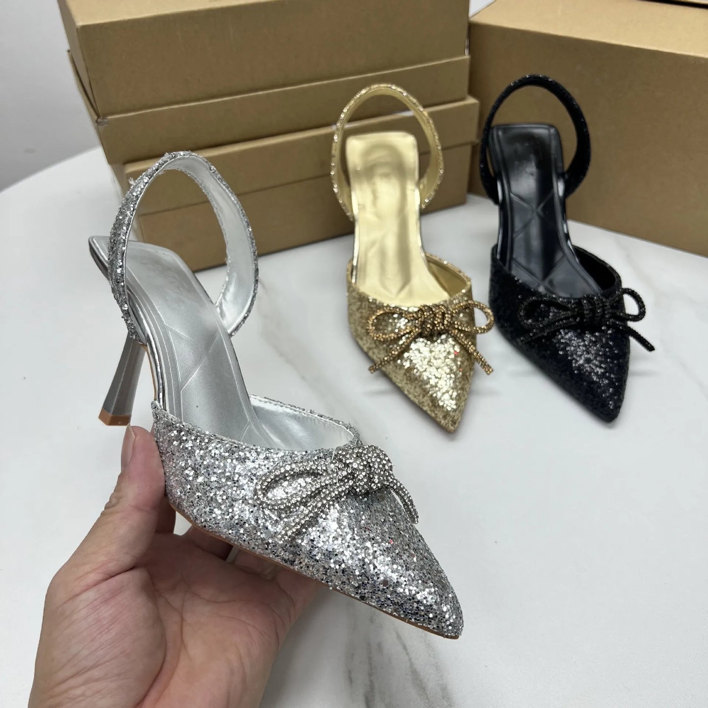 Gominglo- Sequined Slingback Stilettos