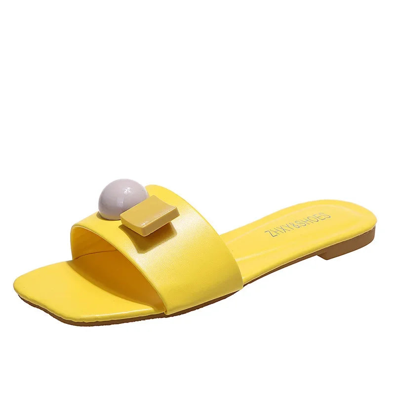 Gominglo- Bright Yellow Slides for Women, Fashionable and Flat Bottomed