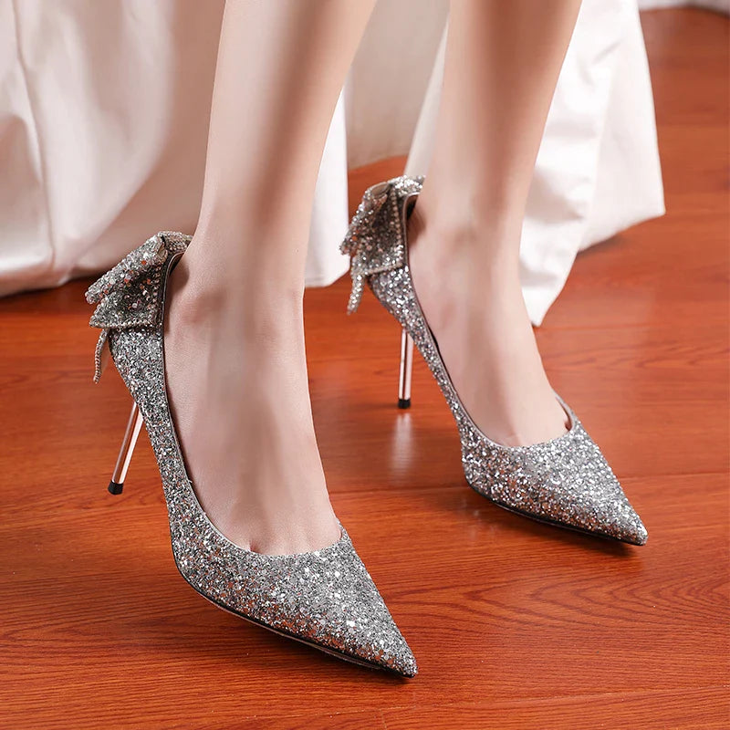 Gominglo -  Bling Sequins Wedding Shoes for Women Bride Elegant Pointed Toe