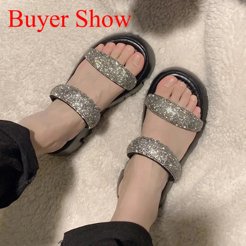 Gominglo - Summer Crystal Wedge Sandals, Chunky Platform Leather