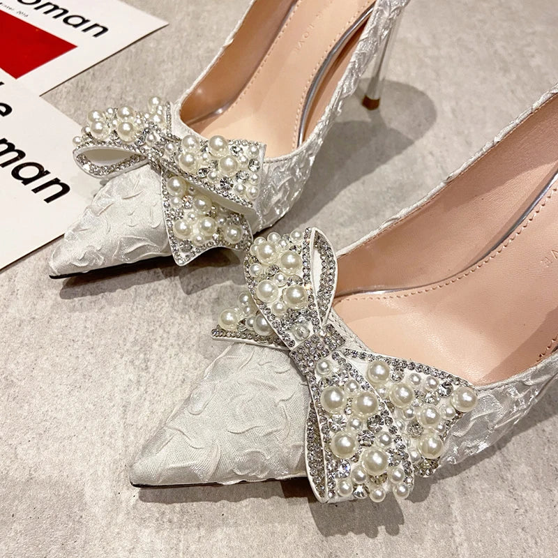 Gominglo - Pearl Elegance Stiletto Heels Wedding Pumps with Designer Luxury Pearl