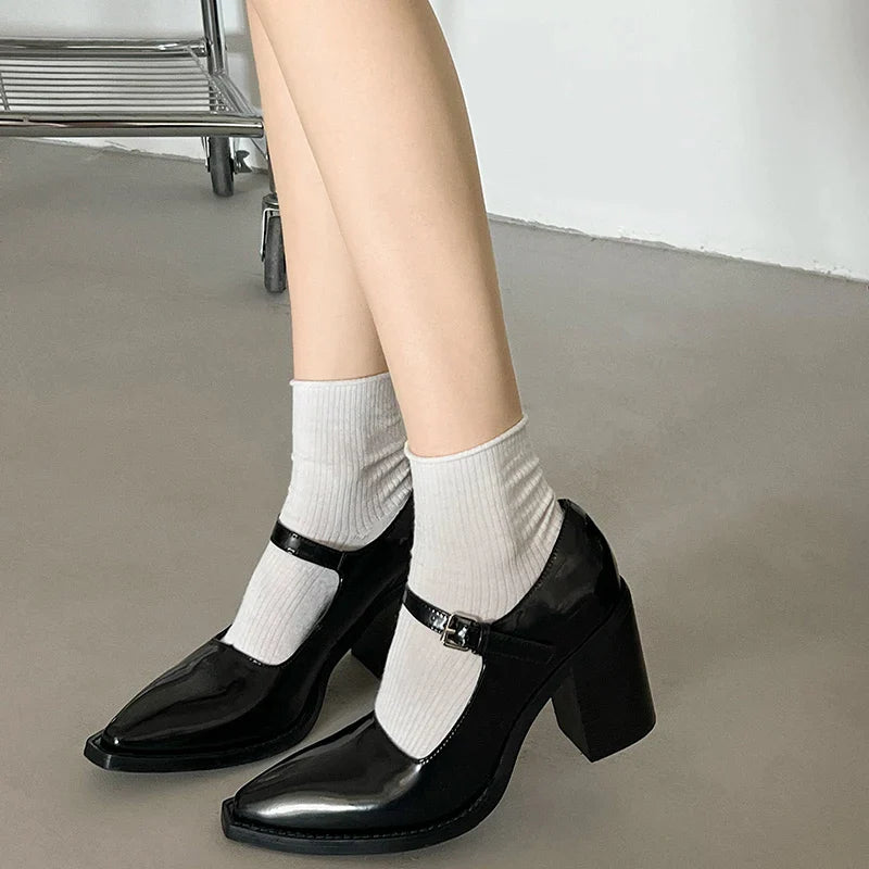 Gominglo - Elegant Pointed Toe Chunky Heeled Pumps Fashion Patent Leather