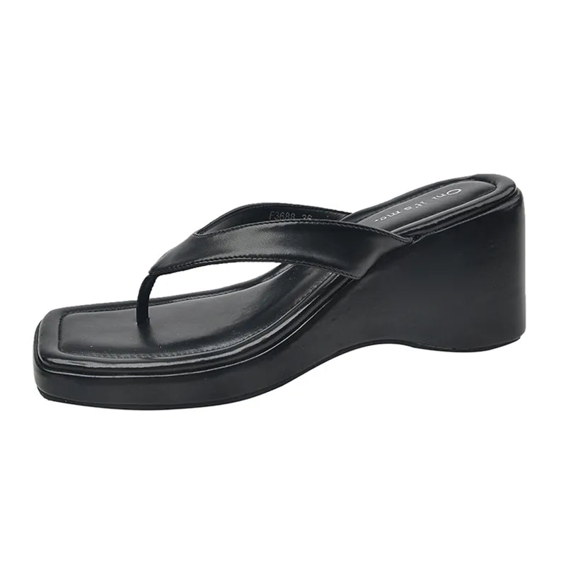 Gominglo - Korean Style White Square Toe Wedge Flip Flops