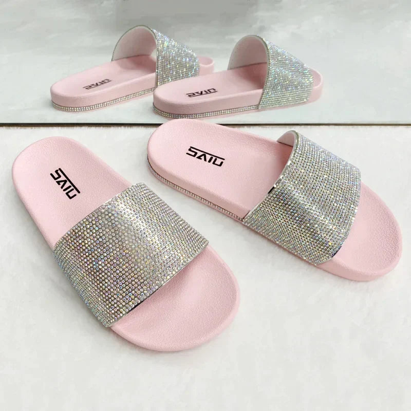 Gominglo - Bling Rhinestone Slides Fashionable Flat Sandals for Women's Summer Style