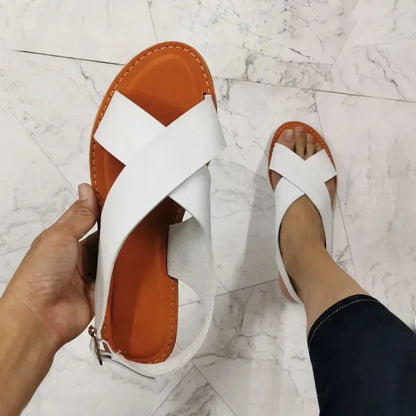 Gominglo - Summer Sandals Buckle Strap Flats, Solid Peep Toe Design