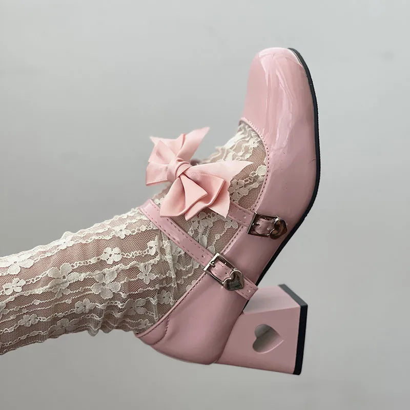 Gominglo - Sweet Pink Bowknot Lolita Pumps Patent Leather Mary Jane High Heels