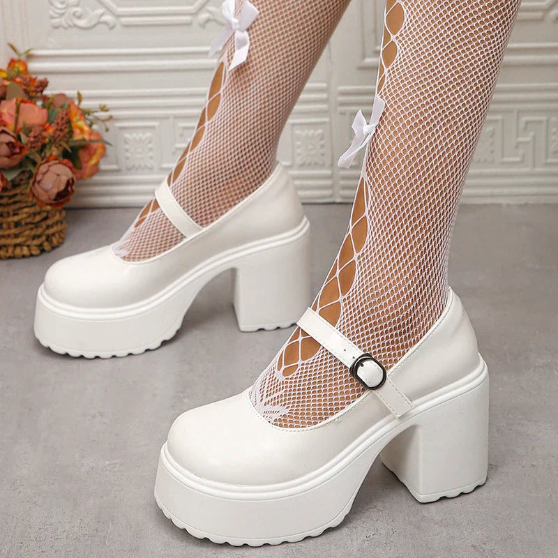 Gominglo - White Platform High Heels Pumps for Women Patent Leather
