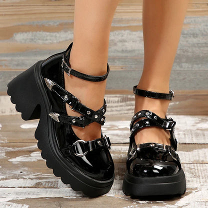 Gominglo - Y2K Gothic Glam Women's Patent Leather Ankle Strap Chunky