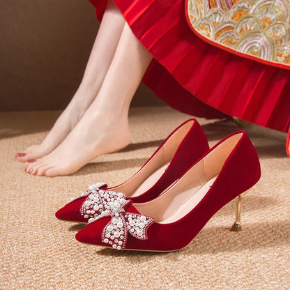 Gominglo - Ravishing Red Women's Luxury Pearl Bowknot Pointed Toe