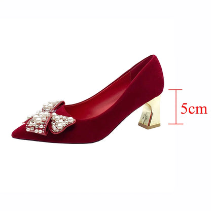 Gominglo - Elegant Red Silk Wedding Bride Shoes Pearl Bowknot Pointed Toe Pumps