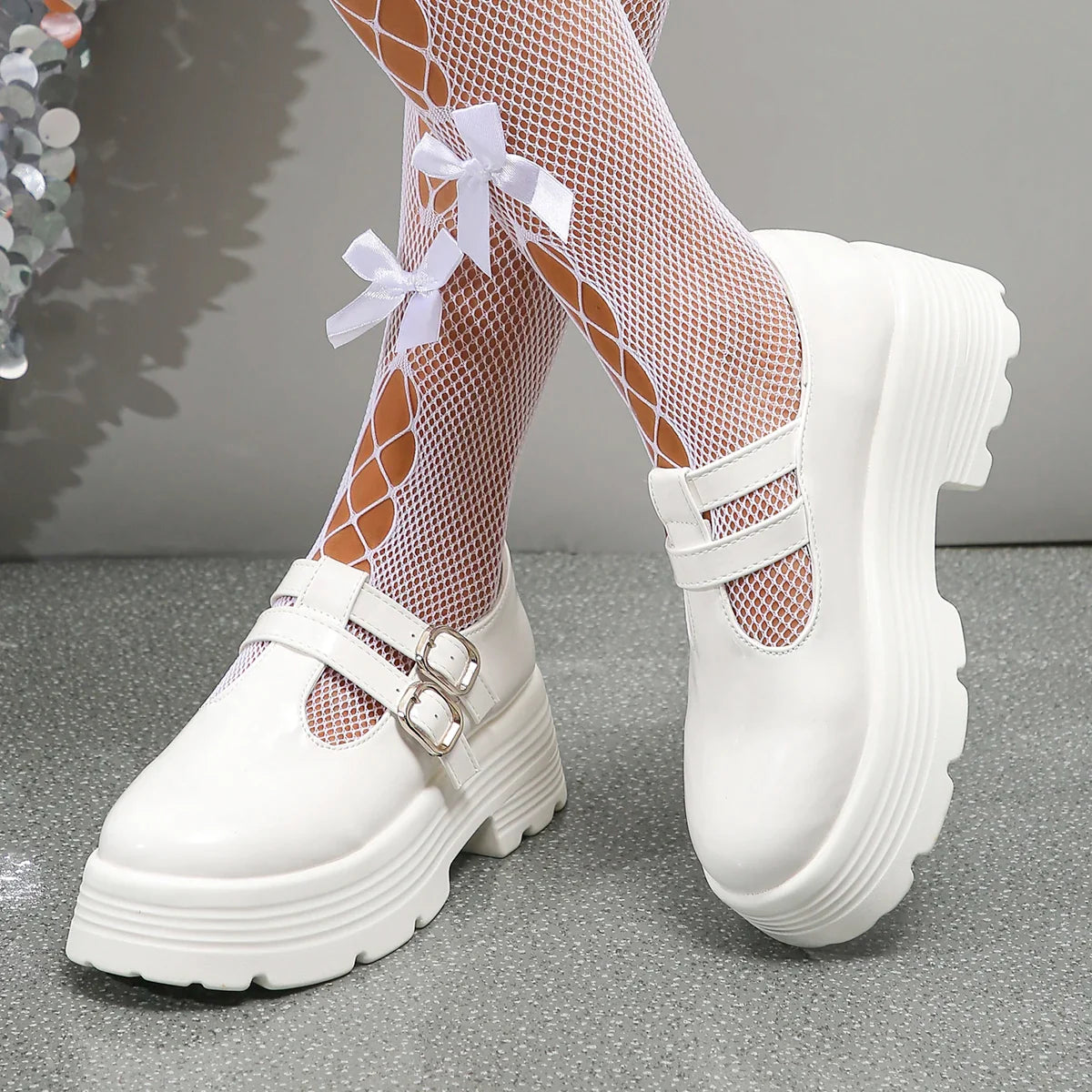 Gominglo - Chunky Platform Shoes for Women Patent Leather Double Buckle Strap