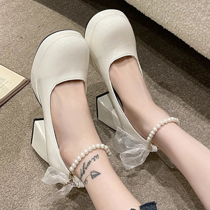 Gominglo - Pearl Ankle Strap Platform Pumps for Women Super High Heels